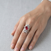 Dazzling 925 Sterling Silver Ruby-Tone Halo Ring with Sparkling Accents